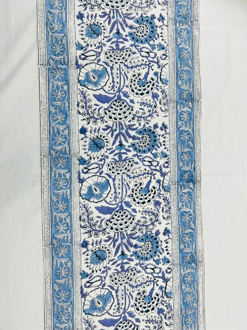 Indigo Blue Hand Block Printed Cotton Table Runner: Floral Kitchen, Dining & Thanksgiving Decor image 5