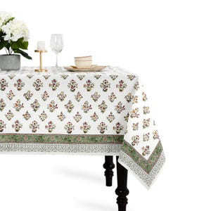 Cotton Indian Hand-Block Printed Tablecloth for Wedding Farmhouse Buffet Housewarming Restaurant Picnic Boho Home Decor Floral- Forest Green