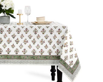 Mantel de algodón indio estampado a mano para bodas, casas de campo, buffets, inauguraciones de casas, restaurantes, picnics, decoración bohemia para el hogar, estampado floral - Verde bosque