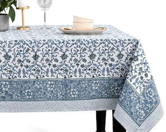 Handblokbedrukte Ocean Vine Tafelkleed – Indiaas Katoen Bloemen, Rechthoekig Tafellinnen voor Bruiloft, Feest, Evenement & Woondecoratie