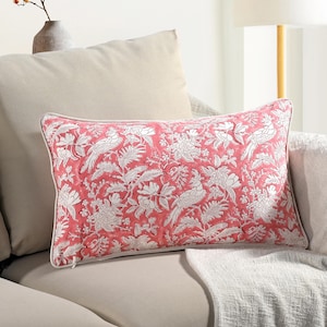 Taie d&#39;oreiller imprimé bloc main corail rose 12 x 20 pouces, coussin réutilisable en coton avec passepoil et fermeture à glissière pour canapé, lit, décoration florale bohème