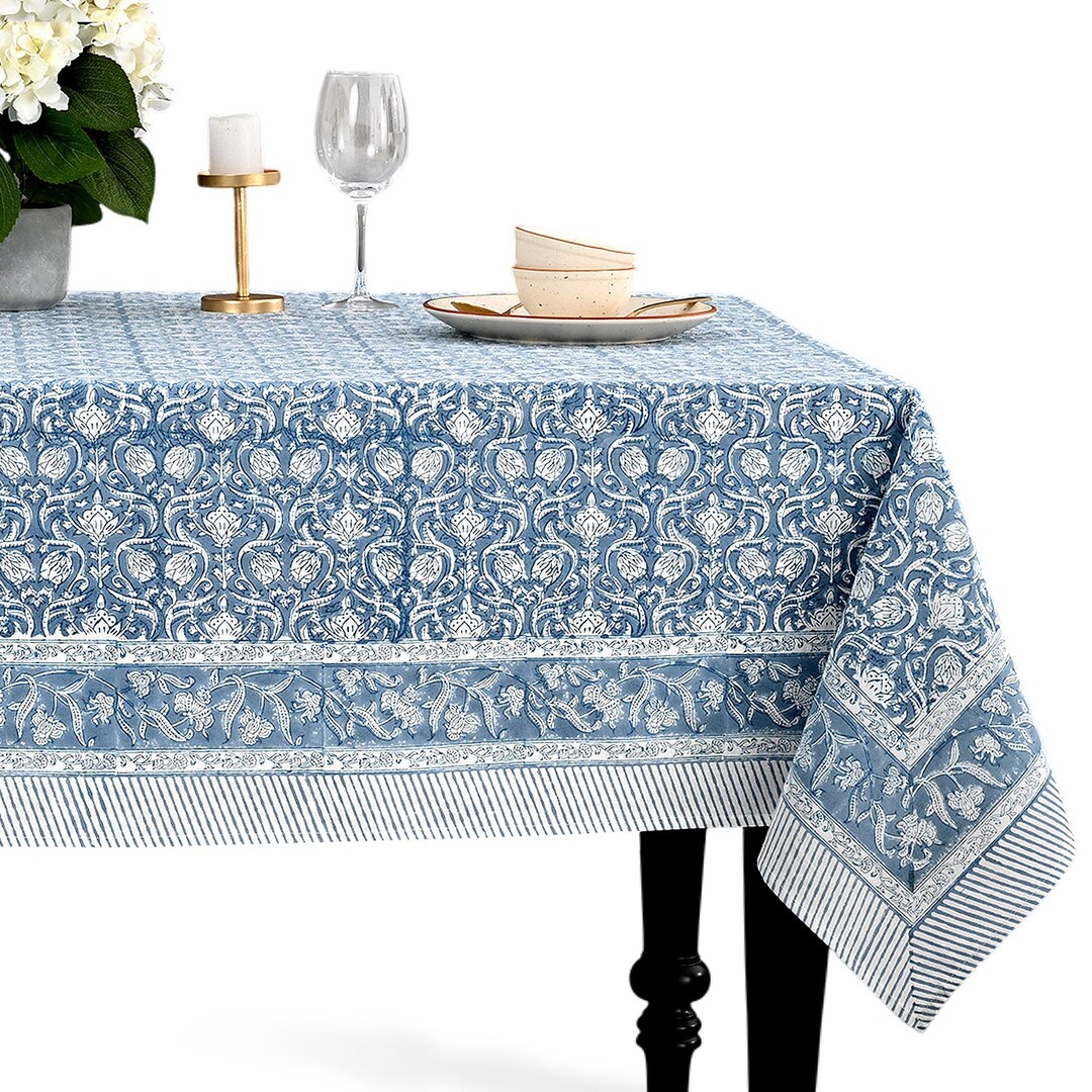 Azure Regal Floral Tablecloth, Indian Block Print Cotton Cover ...