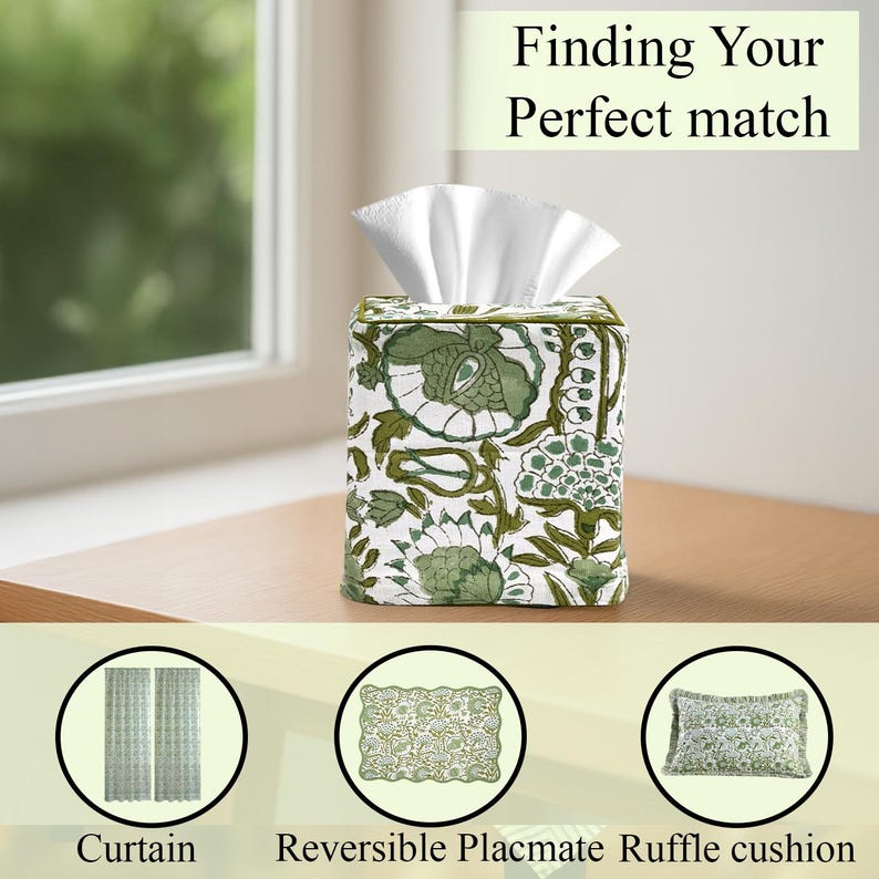 Green floral block print tissue box cover on a wooden table by a window. Text reads "Finding Your Perfect Match." Below are matching product icons: apron, reversible placemat, and ruffle cushion, all featuring coordinating green patterns.