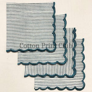 Teal Apatite Stripe Cotton Napkins Set of 4 Hand Block Print Embroidered Cloth Napkin, Boho Farmhouse Table Linen, Christmas Holidays Decor