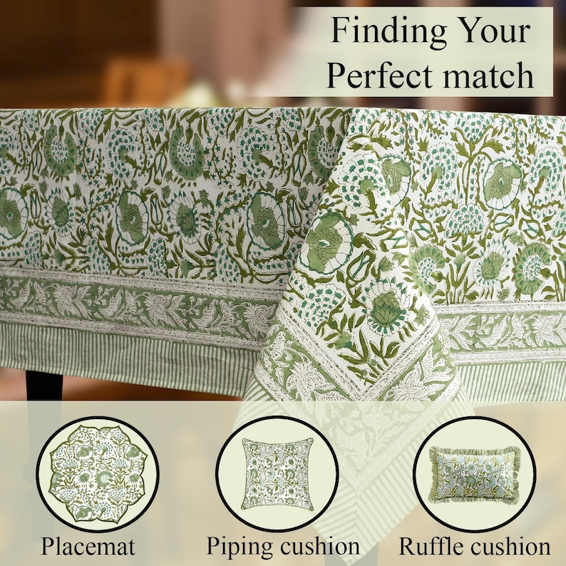 Cotton Indian Hand-Block Printed Tablecloth for Wedding Farmhouse Buffet Housewarming Restaurant Picnic Boho Home Decor Floral- Agate Green image 11