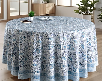 Handmade Cotton Round Tablecloth – Indigo Floral Block Print