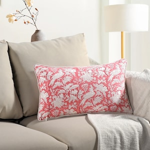 Housse de Coussin Lombaire 12x20&quot; Rose Corail, Coton Indien Imprimé Bloc, Housse de Coussin Bohème Floral, Farmhouse avec Passepoil