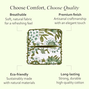 Top view of a green floral fabric tissue box cover. Text highlights qualities: Breathable—soft natural fabric; Premium finish—artisanal craftsmanship; Eco-friendly—sustainably made with natural materials; Long-lasting—strong, durable high-quality cotton.