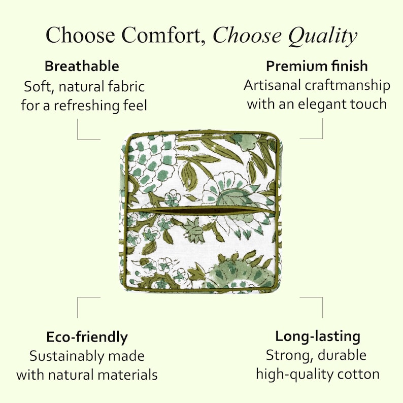 Top view of a green floral fabric tissue box cover. Text highlights qualities: Breathable—soft natural fabric; Premium finish—artisanal craftsmanship; Eco-friendly—sustainably made with natural materials; Long-lasting—strong, durable high-quality cotton.