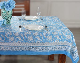 Blue Sapphire Hand Block Printed Cotton Tablecloth, Floral Dining Cover, Farmhouse Kitchen Decor, Wedding Party, Farmhouse & Boho Home Decor