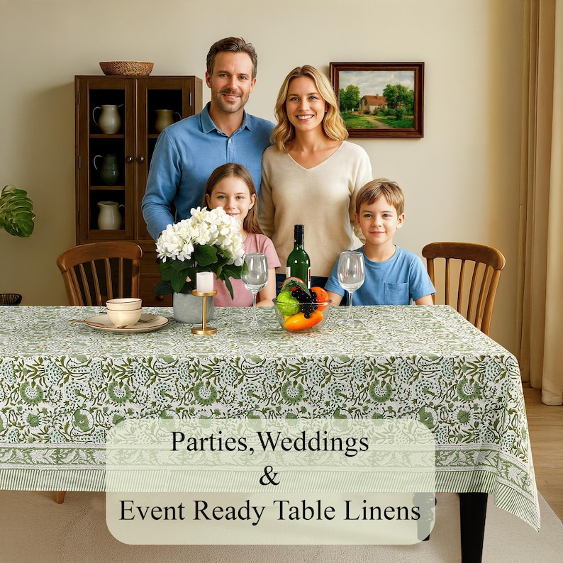Cotton Indian Hand-Block Printed Tablecloth for Wedding Farmhouse Buffet Housewarming Restaurant Picnic Boho Home Decor Floral- Agate Green image 8