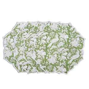 CPC Olive Green Scalloped Placemat Set of 4, Cotton Hand Block Flower Table Mat for Easter Dining Party Wedding Gifts Home Decor-15 Inch