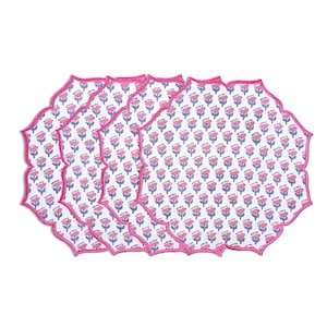 CPC Pink Sapphire Scalloped Placemat Set of 4, Cotton Hand Block Flower Table Mat for Easter Dining Party Wedding Gifts Home Decor-15 In