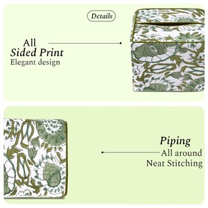 Close-up of Agate Green cotton tissue box cover featuring all-sided hand block print design and detailed piping with neat stitching. Elegant floral pattern on all sides with clean seams and durable finish. Boho-style decor accent, handmade by artisans. Ideal for home, spa, office, or bathroom decor.