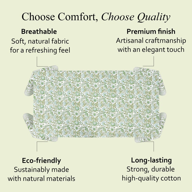 Cotton Indian Hand-Block Printed Tablecloth for Wedding Farmhouse Buffet Housewarming Restaurant Picnic Boho Home Decor Floral- Agate Green image 10