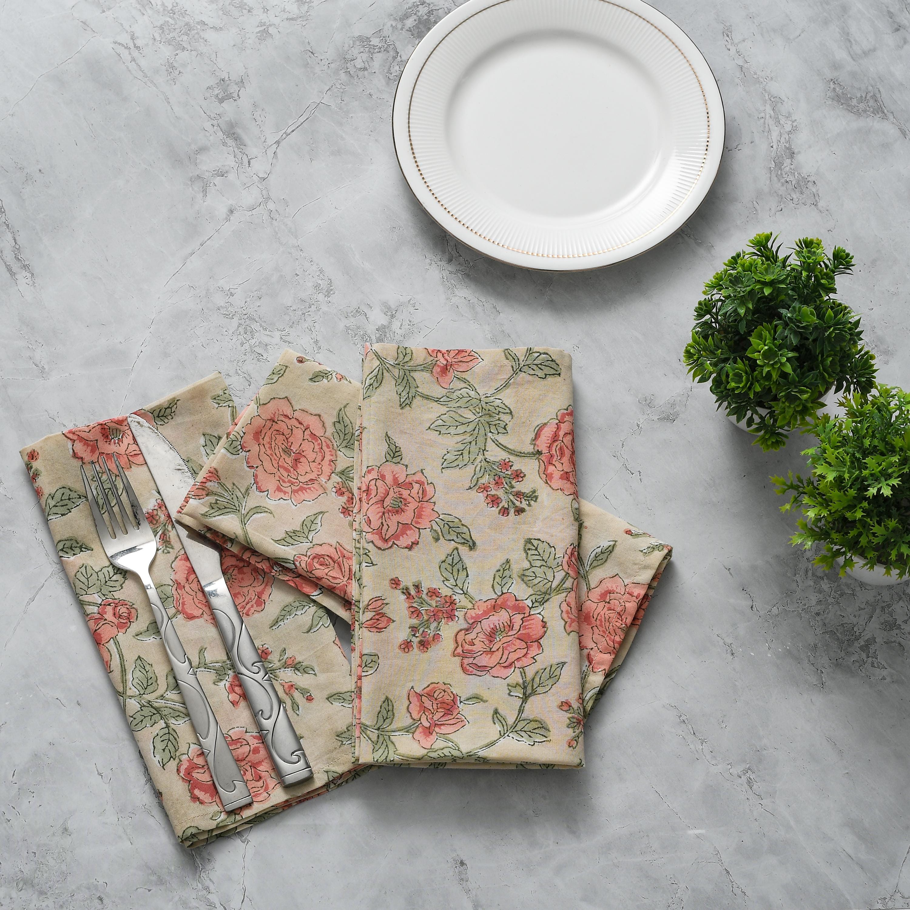 Fire Opal Hand Block Print Cotton Dinner Napkin Set 18x18 inches Reusable Floral Table Linen for Wedding, Dining, Farmhouse Decor