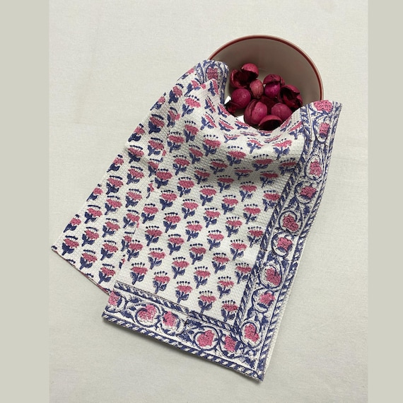 Rosa Sapphire Waffel Geschirrtücher Set, Handblock bedruckte Floral Baumwolle Geschirrtücher, schnell trocknend, saugfähig, Boho Küche Dekor, Hochzeitsgeschenk