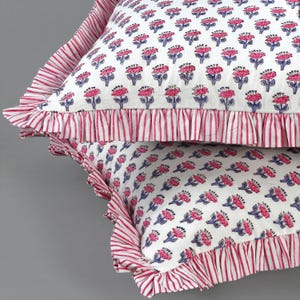 Pink Sapphire Cotton Hand Block Print Ruffle Throw Pillow Covers ...