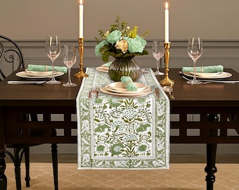 Agate Green Floral Hand Block Print Centerpiece Table Runner for Thanksgiving, Christmas, Housewarming, and Farmhouse Decor