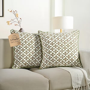 Farmhouse Verde Trellis Piping Pillow Cover – Hand Block Printed Cotton Floral Cushion, Vintage Boho Farmhouse Throw Pillowcase for Sofa Bed