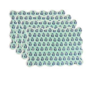 CPC Poppy Blue Scallop Reversible Placemat – Reusable Cotton Hand Block Print Floral Table Mats with Piping for Dining, Wedding, Party Decor