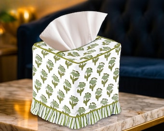Funda para caja de pañuelos con volantes florales verde esmeralda – Soporte decorativo de algodón estampado a mano, funda reutilizable