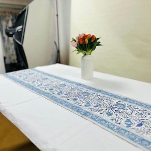 Indigo Blue Hand Block Printed Cotton Table Runner: Floral Kitchen, Dining & Thanksgiving Decor image 8