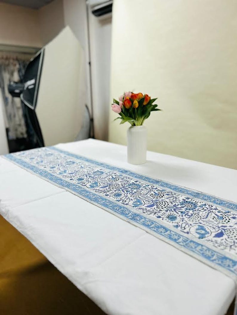 Indigo Blue Hand Block Printed Cotton Table Runner: Floral Kitchen, Dining & Thanksgiving Decor image 8