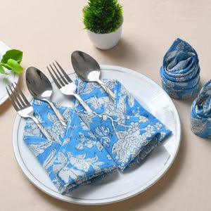 Blue Sapphire Indian Block Print Napkins, Floral Cotton Dinning Table Daily Use Napkins, Farmhouse Wedding Event Home Party Napkins 18x18