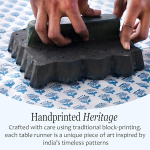 May include: A dark, carved wooden block being used to handprint a blue floral pattern onto white fabric. The image includes the text "Handprinted Heritage" and describes the block printing process.