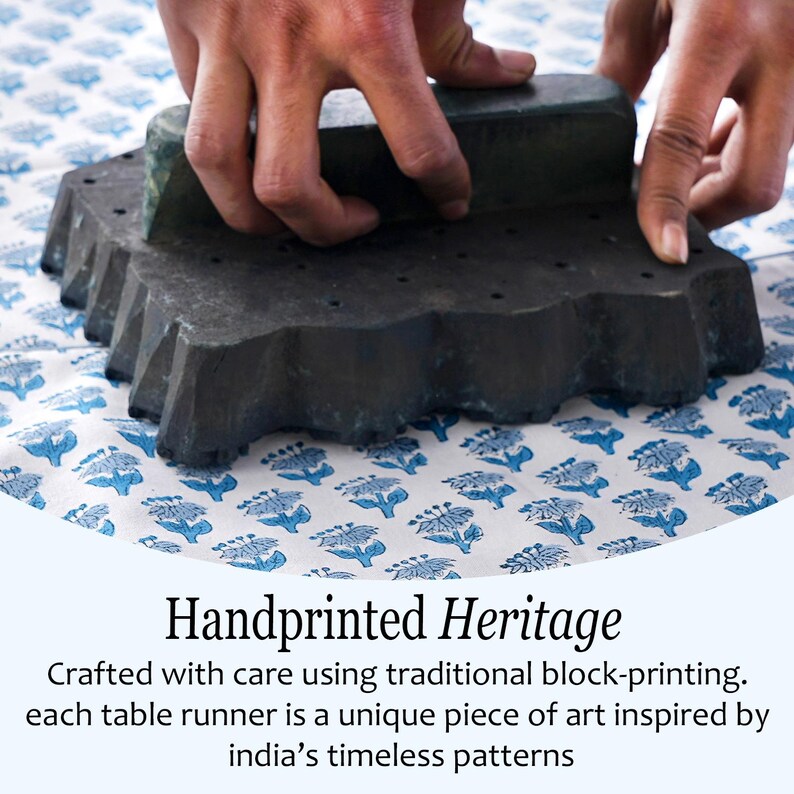 May include: A dark, carved wooden block being used to handprint a blue floral pattern onto white fabric. The image includes the text "Handprinted Heritage" and describes the block printing process.