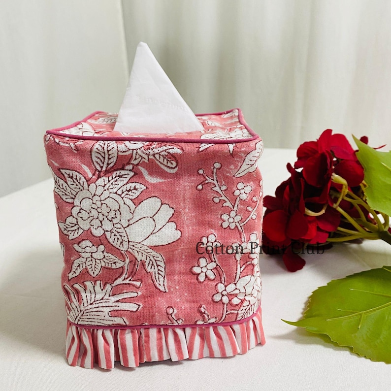 Pink Tissue Paper Ruffeled Coral Pink Floral Ruffle Tissue Box Cover, Hand Block Print Cotton ...