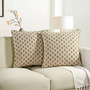 Earthy Boho Vine Piping Pillow Cover 18x18 – Hand Block Printed Cotton Floral Cushion, Vintage Boho Farmhouse Throw Pillowcase for Sofa, Bed