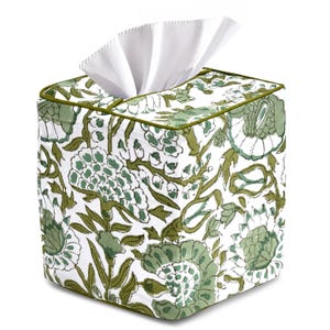 Agate Green Indian hand block print cotton tissue box cover with floral design. Reusable, washable, eco-friendly tissue holder for bathroom, office, spa, or home decor. Boho-style square cover fits standard tissue boxes. Handmade by artisans, perfect for modern, rustic, or farmhouse interiors. Great sustainable gift idea for weddings, housewarmings, or holidays.