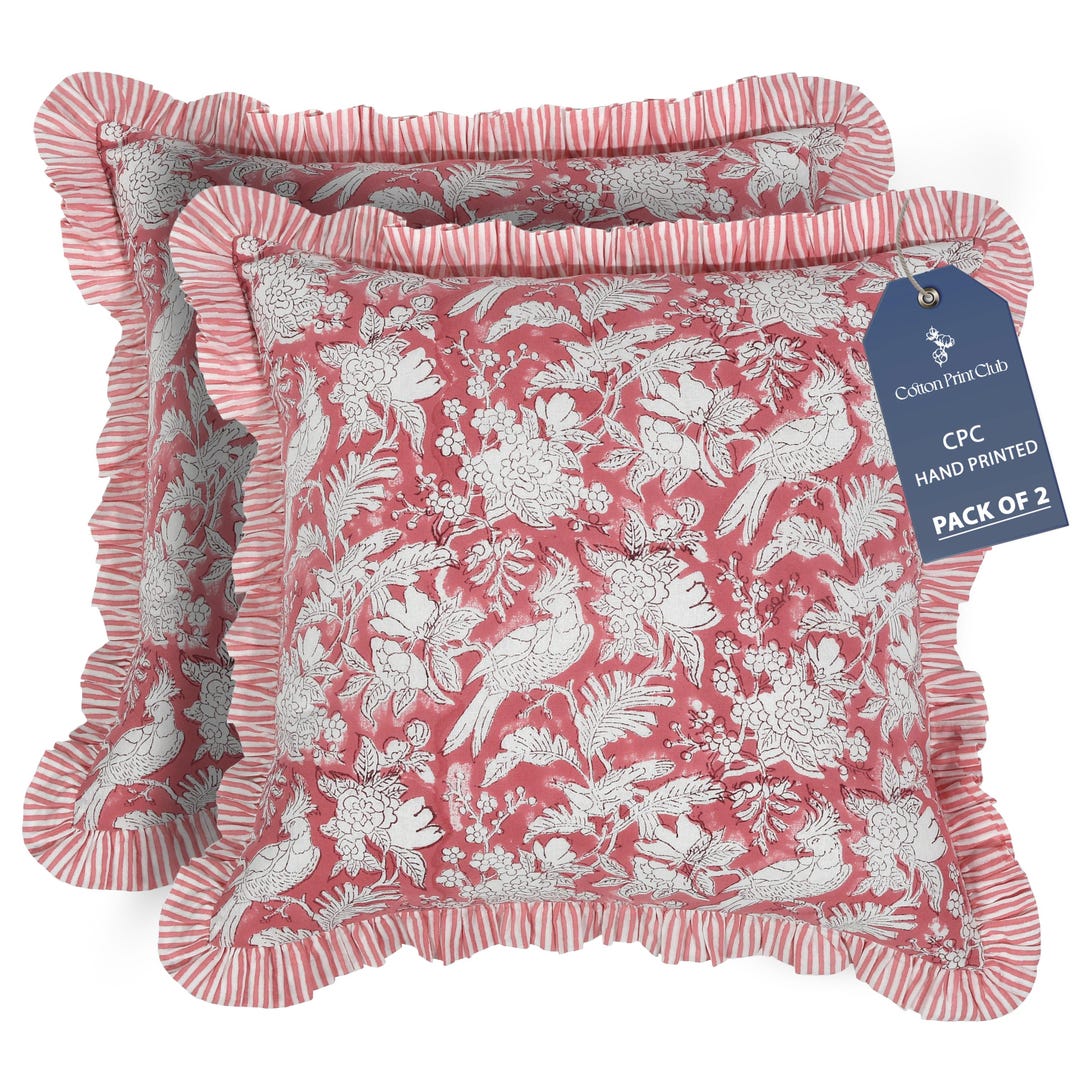 Coral Pink Ruffle Pillow Cover – Reusable Cotton Block Print Boho ...