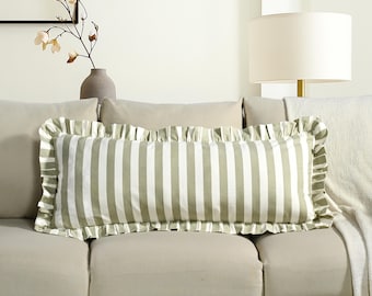 14x36" Ruffled Lumbar Pillow Cover, Handmade Indian Block Print Cotton Grey & White Striped Cushion, Extra Long Farmhouse Pillowcase for Bed