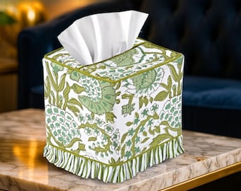 Agate Green Floral Ruffle Tissue Box Cover – Hand Block Printed Cotton Decorative Holder, Boho Christmas Home Decor & Reusable Napkin Sleeve