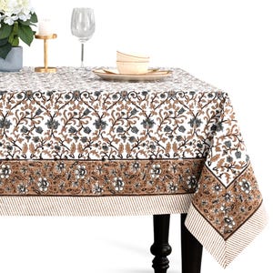 Autumn Vine Hand Block Printed Cotton Tablecloth, Indian Floral Rectangle Table Cover for Dining Table Wedding, Farmhouse & Boho Home Decor