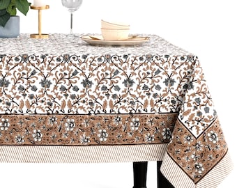 Autumn Vine Hand Block Printed Cotton Tablecloth, Indian Floral Rectangle Table Cover for Dining Table Wedding, Farmhouse & Boho Home Decor