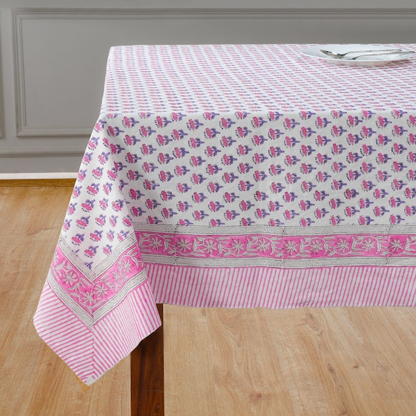 Tablecloth,CPC Pink Sapphire-100%Cotton Hand Block Floral Printed Decorative Table cover for Dining table Farmhouse Party Wedding Gift Event