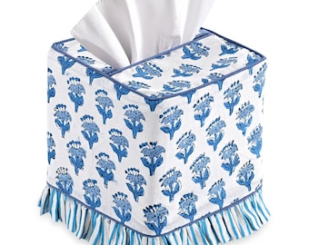 Copri Fazzoletti in Cotone Blu indaco Stampato a Mano Custodia per Fazzoletti Riutilizzabile con Motivo Floreale per Cucina, Bagno,  Regalo