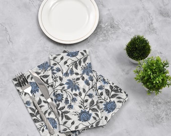 Servilletas de algodón con estampado floral bohemio, reutilizables, de 45 x 45 cm, con estampado a mano en blanco y azul, ideal para decorar cocinas rústicas, bodas y fiestas.