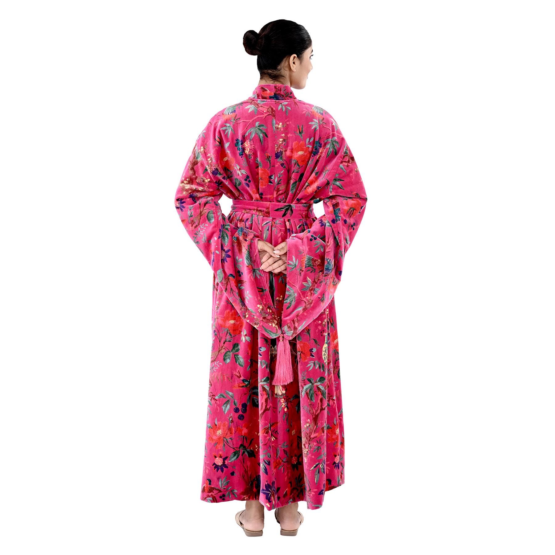 Ofmd Robe OFMD Pink Bird Velvet Kimono Robe, Handmade Cotton Velvet Banyan Wrap ...