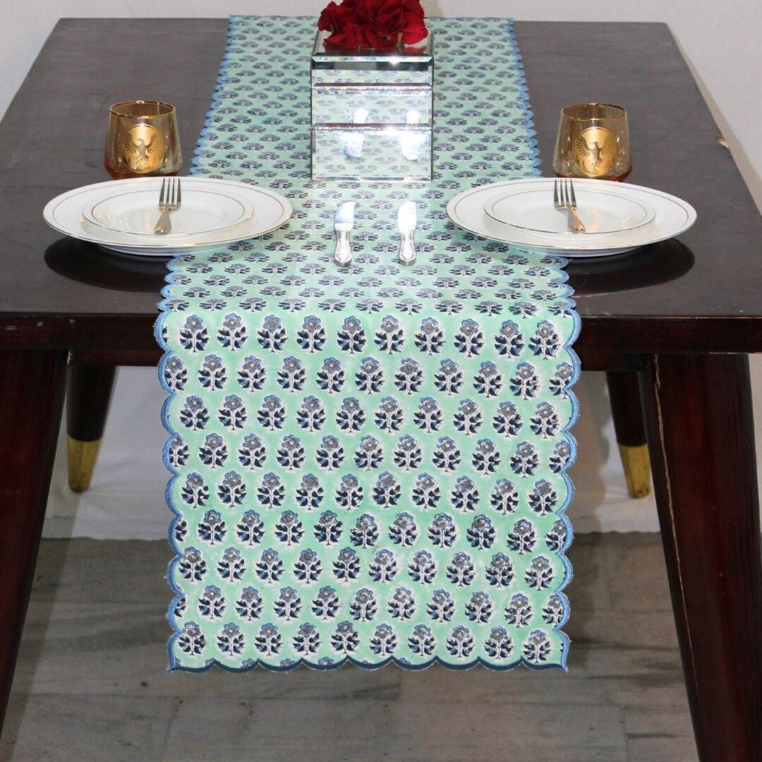 Poppy Blue Floral Table Runner – Hand Block Printed Cotton With