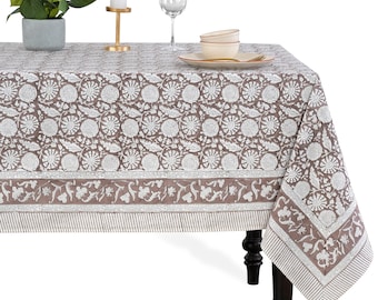 Rustic Brown Floral Tablecloth – Indian Hand Block Printed Cotton Cover, Rectangle Table Linen for Dining , Wedding, Party & Farmhouse Decor