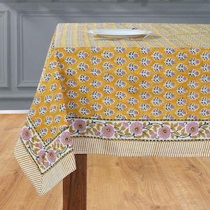 Cotton Indian Hand-Block Printed Tablecloth for Wedding Farmhouse Buffet Housewarming Restaurant Picnic Boho Home Decor Floral- Poppy Yellow