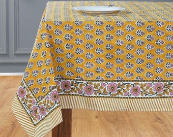シトリンイエローのハンドブロックプリントコットンテーブルクロス、インドの花柄長方形テーブルカバー、ダイニング、結婚式、ファームハウス、ボヘミアンホームデコレーションに