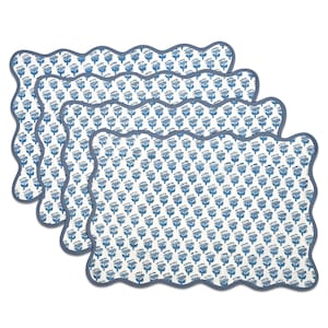 CPC Apatite Blue Scallop Reversible Placemats – Reusable Cotton Block Print Floral Table Mats with Piping for Dining, Wedding, Party Decor