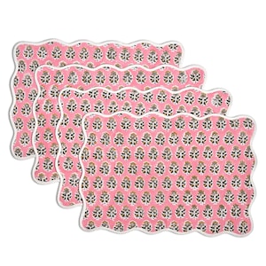 CPC Poppy Pink Scallop Reversible Placemats – Reusable Cotton Block Print Floral Table Mats with Piping for Dining, Wedding, Party Decor