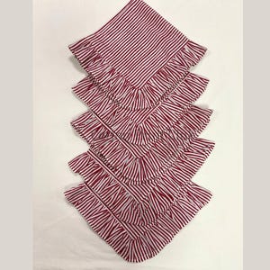 Red Stripe Ruffle Napkin Set 20x20 Hand Block Print Cotton Cloth Towel, Farmhouse Table Linen Escape Wedding Christmas Decor Grandmillennial